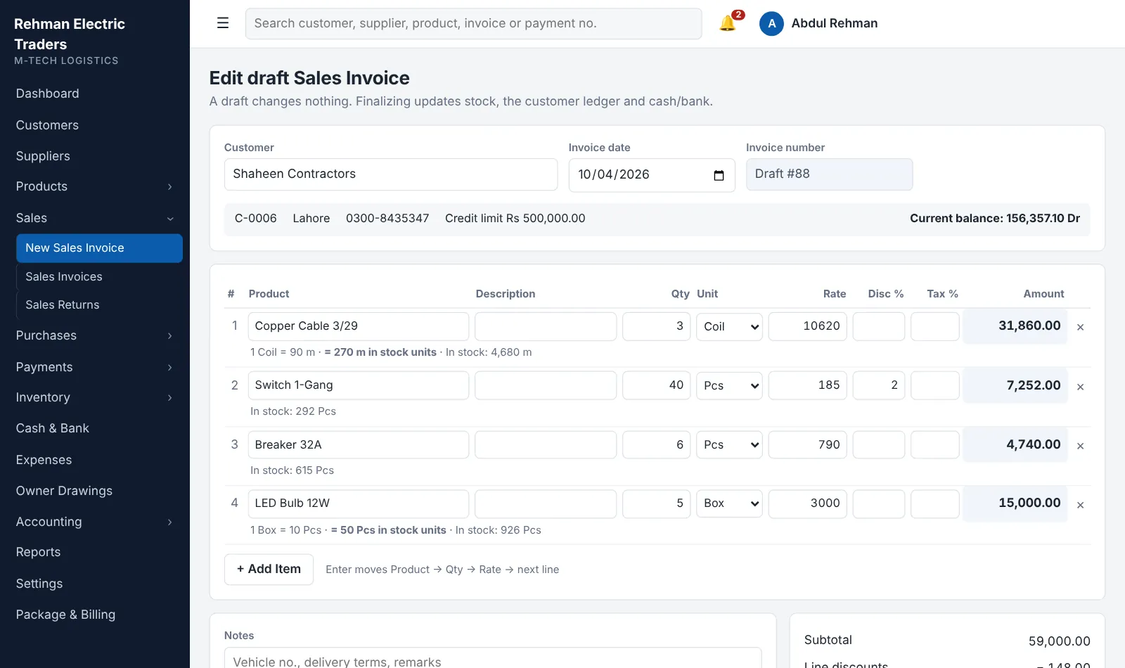Sales invoice screen in M-Tech Logistics with product lines, units, discount, tax and amount received