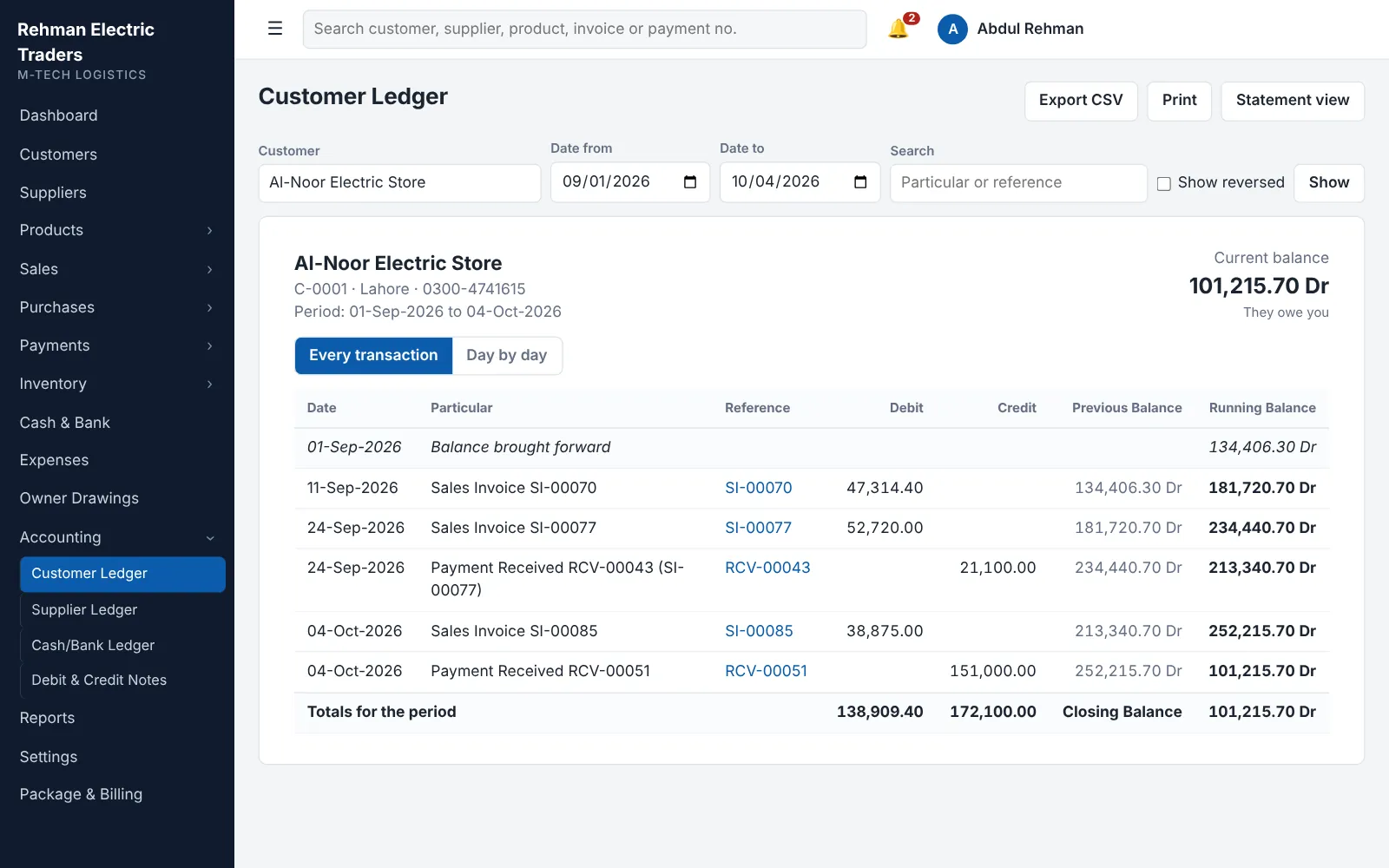 Customer ledger with date, particulars, debit, credit and running balance